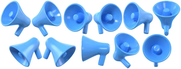 Blauwe Minimalistische Megafoons Verschillende Posities Minimale Luidsprekers Ingesteld Weergegeven Beeld — Stockfoto