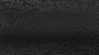 Bükülmüş siyah labirent desenli geleceksel bir arka plan. 3D oluşturulmuş teknoloji arka planı