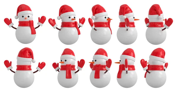 头戴红围巾 头戴手套 头戴圣诞帽 手握树枝的卡通雪人 不同侧面的3D渲染角色 — 图库照片#