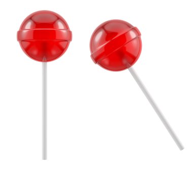 Beyaz plastik çubukta kırmızı lolipop. Ayrı tatlı şekerler. 3B oluşturulmuş resim
