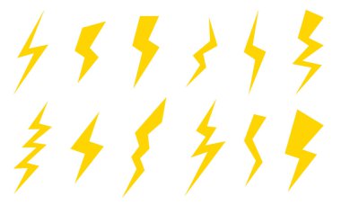 Beyaz arka planda izole edilmiş parlak sarı şimşek işaretleri. 3B oluşturulmuş resim
