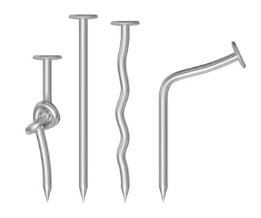 Bükülmüş, düz ve düğümlenmiş metal çiviler. Gerçekçi vektör