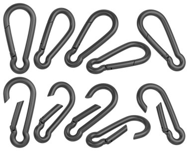 Siyah çelik karabina kamp tasarımı için farklı pozisyonlara ayarlanmış. 3B oluşturulmuş resim