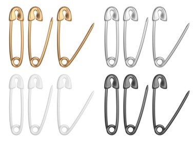 Gerçekçi açık ve kapalı gümüş, altın, siyah ve beyaz dikiş çengelli iğnesi. 3B görüntüleme