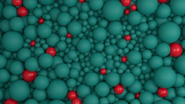 Birçok beyaz ve kırmızı topun olduğu soyut bir arkaplan. 3B görüntüleme