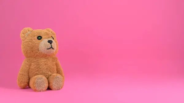 Sitting Cute Teddy Bear Fluffy Toy Pink Background Rendered Banner — Stock Photo, Image