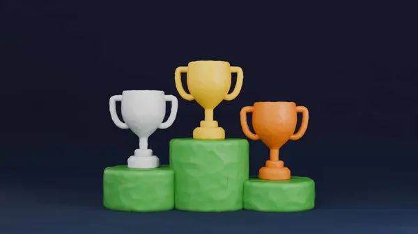 ゴールデン シルバー ブロンズウィナーカップセット 現実的なトロフィー賞 3Dレンダリング — ストック写真