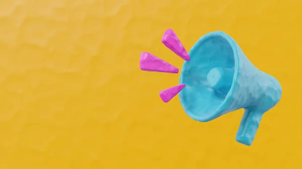 Plasticine style blue megaphone on yellow background. Advertising or promotion banner concept. 3D rendering