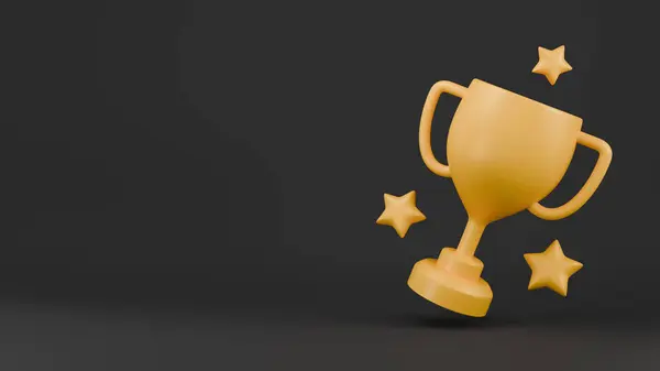 Cartoon yellow winner cup on black background. Trophy awards. 3D rendering