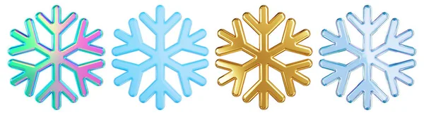 Front View Iridescent Glass Golden Blue Snowflake Set Rendering — Stock Photo, Image