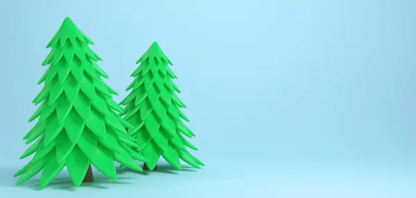 Cartoon Christmas Trees Blue Background Banner Tourism Forest Travelling Minimal — Stock Photo, Image