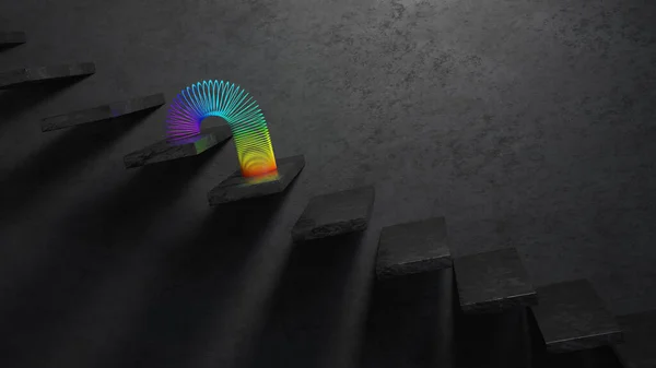 彩虹闪烁的玩具在黑暗房间的黑色楼梯上 3D渲染 — 图库照片#