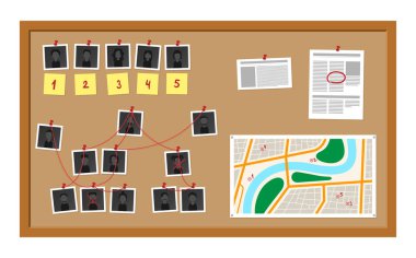 Dedektif kurul vektör çizimi. Suçu çözmek için toplu fotoğraflar, gazeteler, harita ve notlarla soruşturma planı