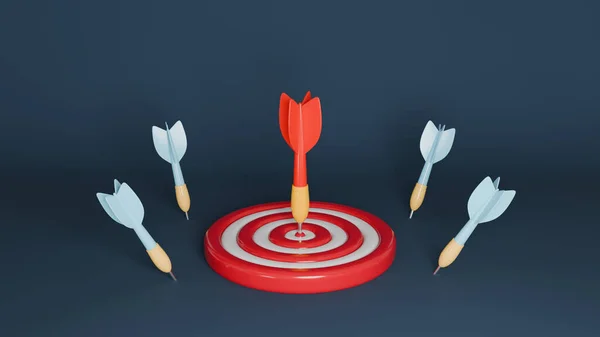 A red and white cartoon target with a dart in the center and missing darts around it. Competition or marketing concept. 3D rendering