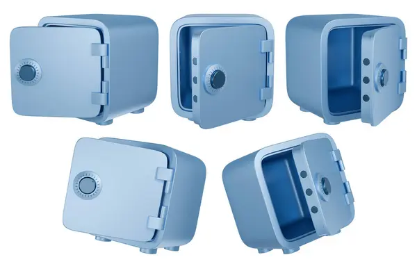 打开卡通保险柜从不同角度分离的蓝色金属保险柜 3D渲染 — 图库照片#