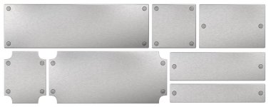 Steel plaque with rivets. Isolated metallic nameboards set. 3D rendering