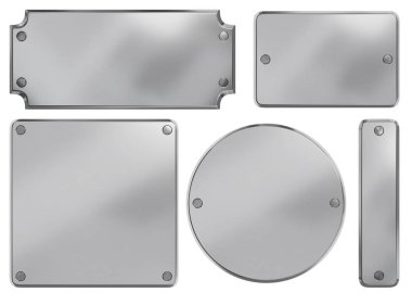 Steel plaque with rivets. Isolated metallic nameboards set. 3D rendering