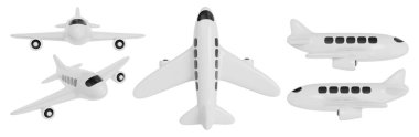 Karikatür beyaz uçaklar farklı açılarda. Havacılık tasarımı için izole edilmiş uçaklar. 3B görüntüleme