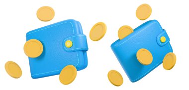 Deri desenli ve bozuk paralı mavi cüzdanlar. Nakit ya da para iadesi çizelgesi. 3B görüntüleme