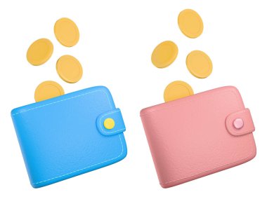 Deri desenli ve bozuk paralı cüzdanlar. Nakit ya da para iadesi çizelgesi. 3B görüntüleme