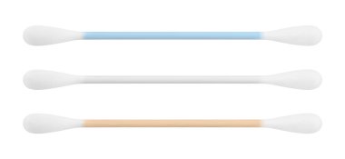 Blue, white and wooden cotton swab. Isolated earstick set. 3D rendering