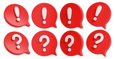 Konuşma balonu işaretleri ayarlandı. Soru ve ünlem işaretli kırmızı diyalog bulutları. 3B görüntüleme