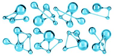 Soyut mavi cam molekül seti. Kimyasal ve biyoloji tasarım kavramları için izole edilmiş atomlar. 3B görüntüleme