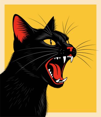 Çığlık atan kızgın bir kara kedi. Poster tasarımı için Retro vektör çizimi