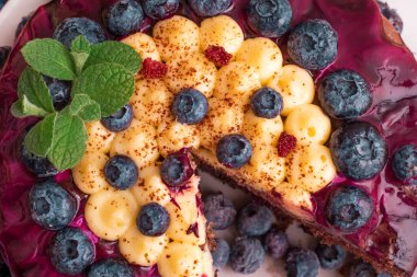 Beyaz arka planda olgun böğürtlenli lezzetli çikolatalı turta. Ev yapımı yaban mersinli pasta, yiyecek yakın plan. Taze naneyle süslenmiş turta, tarif fikri. Yüksek kalite fotoğraf