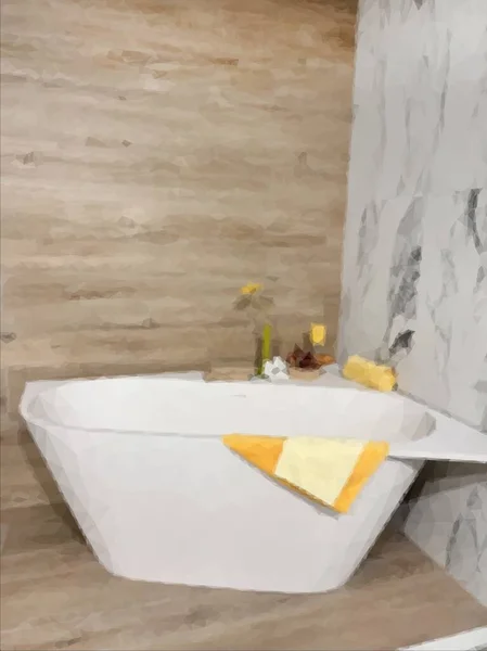 现代陶瓷浴缸 房间里有黄色毛巾 白色浴缸在简约的浴室内部 在舒适的公寓或宾馆房间里有典型设计的瓷盆 温泉中心的家居装饰 — 图库矢量图片
