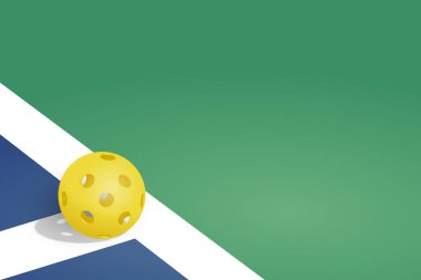 Pickleball arka planı ve saha çizgisinde sarı bir top. Metnini koymak için negatif alanı olan bir Pickleball arkaplanı. Posterler, el ilanları, afişler vs. için harika