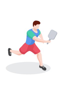Beyaz arka planda izole edilmiş erkek picleball oyuncusunun vektör grafiği. 3B izometrik picleball oyuncusu karakteri