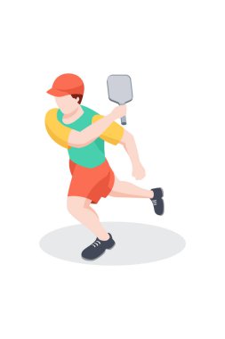 Beyaz arka planda izole edilmiş erkek picleball oyuncusunun vektör grafiği. 3B izometrik picleball oyuncusu karakteri