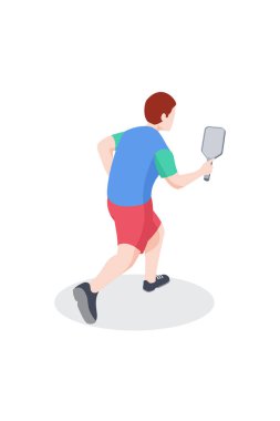 Beyaz arka planda izole edilmiş erkek picleball oyuncusunun vektör grafiği. 3B izometrik picleball oyuncusu karakteri