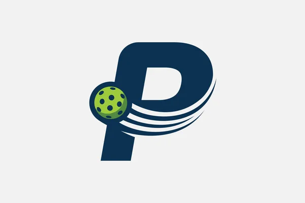 特にピックルボール店 ピックルボールトレーニング クラブなどのビジネスのための文字Pと移動ボールの組み合わせでピックボールのロゴ — ストックベクタ