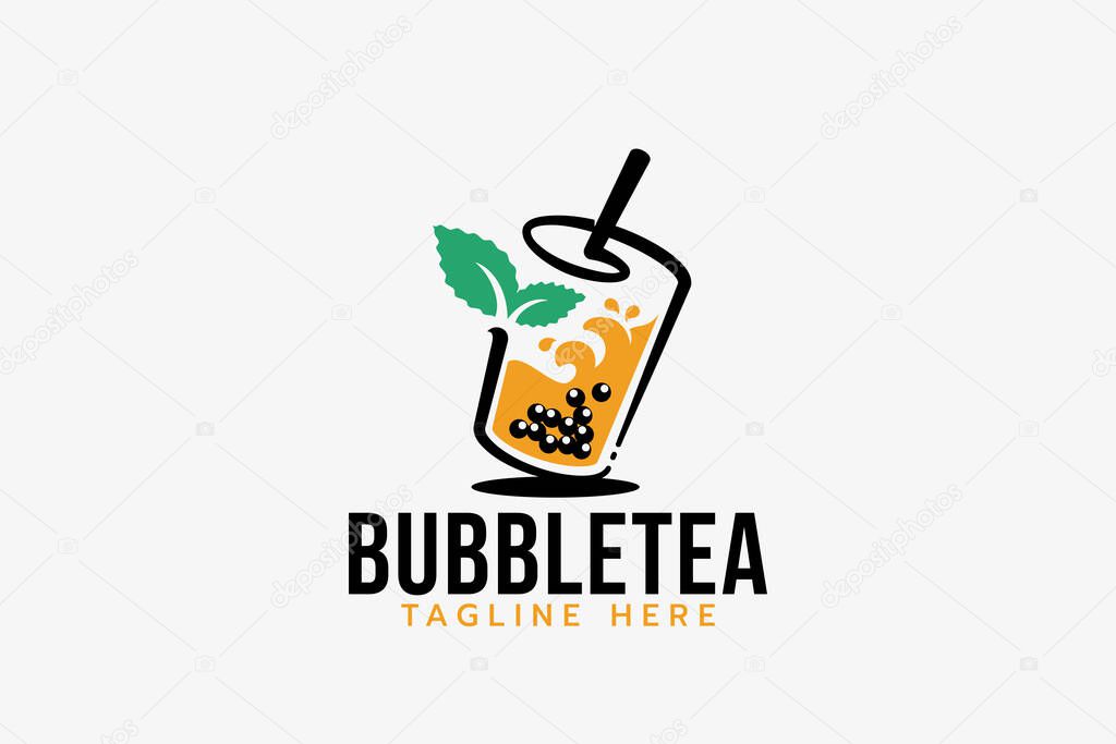 Fresh bubble tea logo with a combination of a glass of bubble tea and tea leaves.
