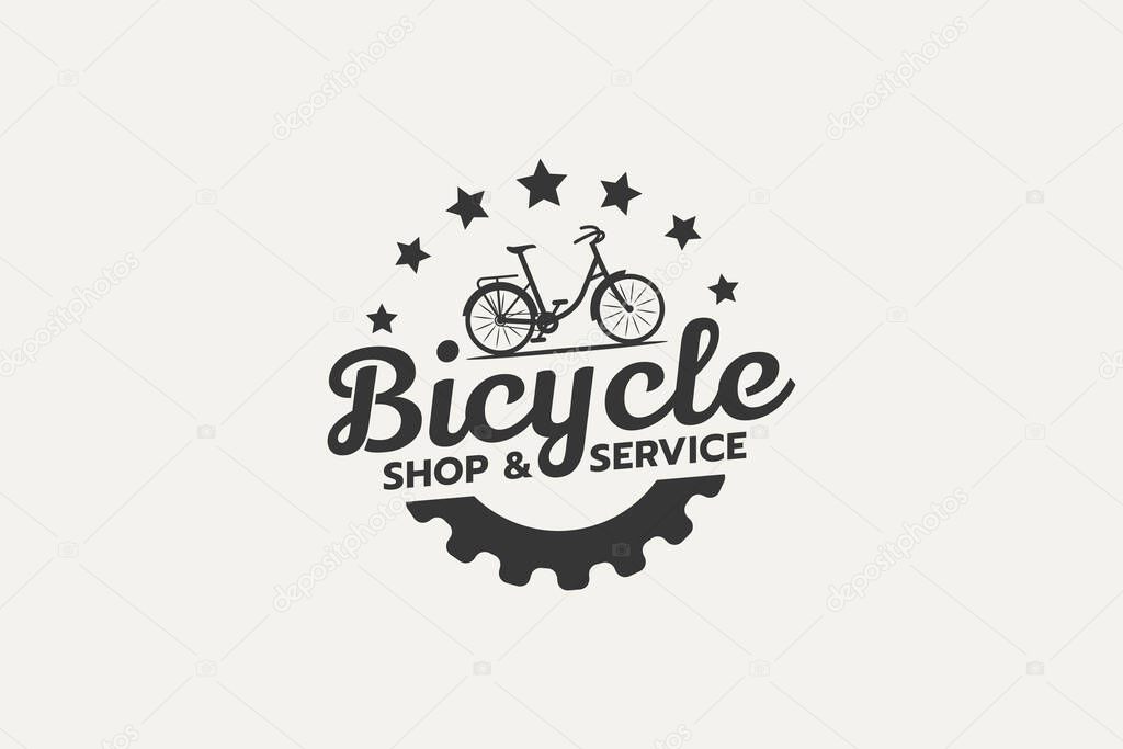 Bicycle shop and service logo with a combination of bicycle, gear and vintage style.