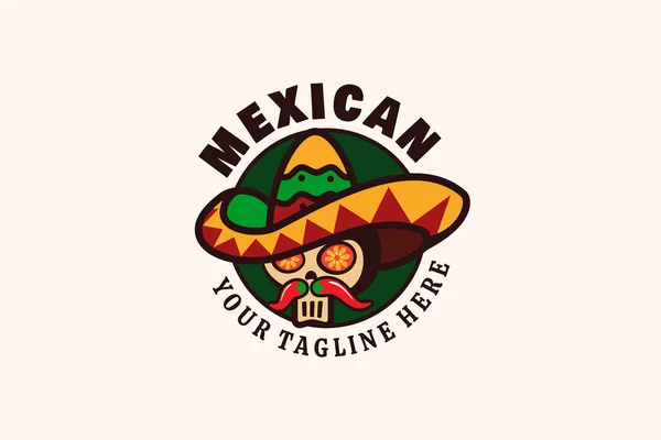 Logo Mexické Restaurace Kombinací Lebky Sombrero Klobouku Bylinek Kruhovém Tvaru — Stockový vektor