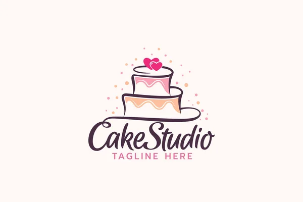 Cake Studio Logo Combination Beautiful Lettering Cake Line Style — Stock Vector