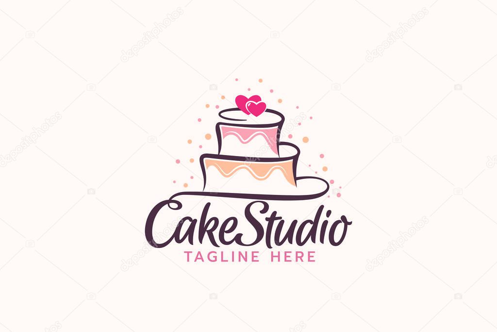 Cake studio logo with a combination of beautiful lettering and a cake in line style.
