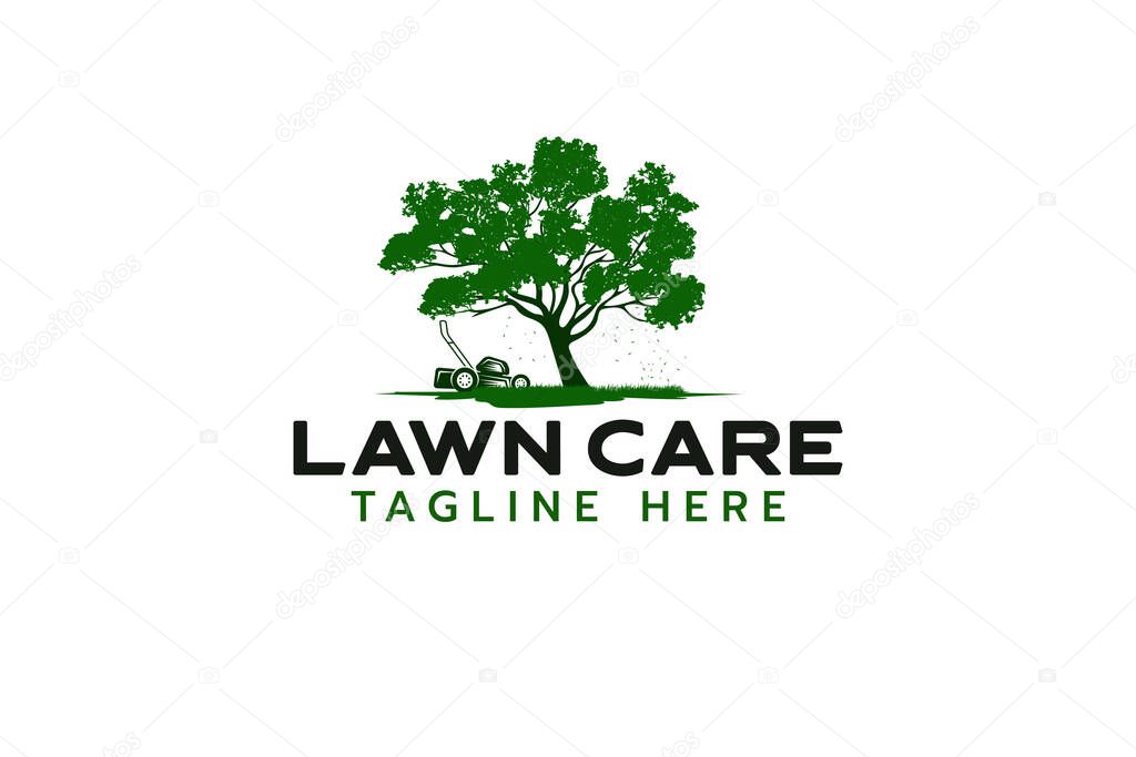 Lawn care logo with a combination of grassland, lawn mower and tree.