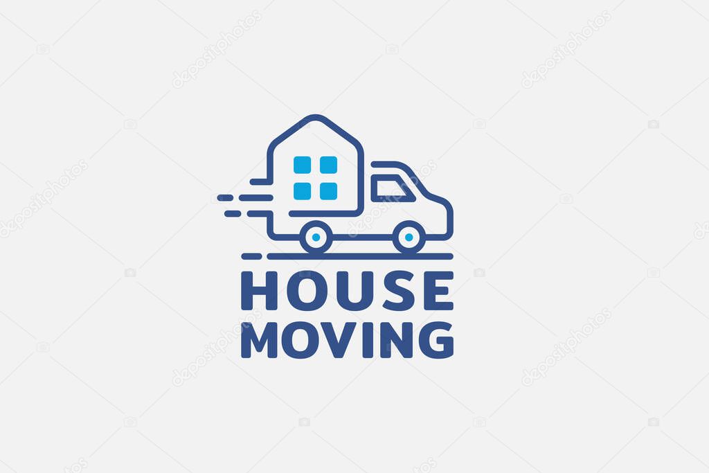 House moving logo with a combination of a house and a moving car as the icon.