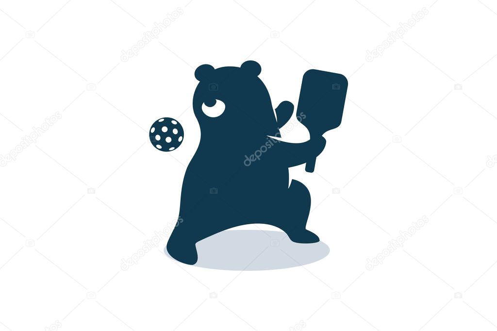 A cute cartoon bear is playing pickleball with adorable pose. pickleball mascot for logo, banner, flyer, etc