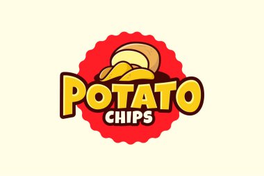 Patates cipsi logosu. Çizgi film ve retro stili patates cipsi karışımı..
