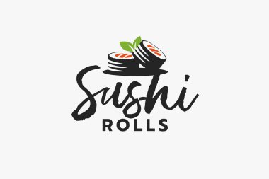 Suşi rulo, yaprak ve harf kombinasyonlu logo şeklinde suşi ruloları, restoranlar, kafeler, vs..