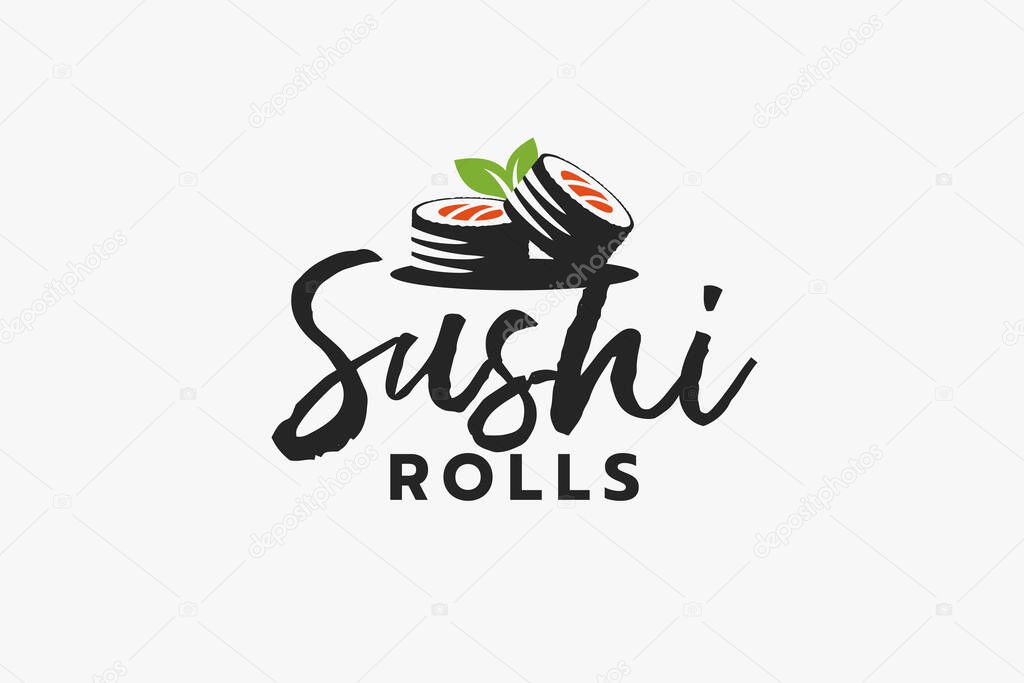 Sushi rolls logo with a combination of rolls, leaves, and lettering for sushi bars, restaurants, cafes, etc.