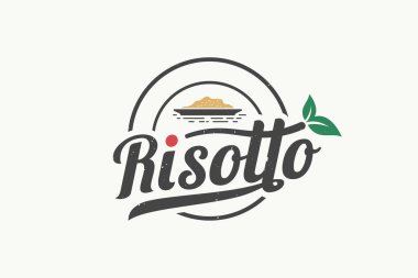 İtalyan yemek şirketleri, restoranlar, kafeler vs. için risotto, yaprak ve güzel harflerin kombinasyonu içeren risotto logosu..