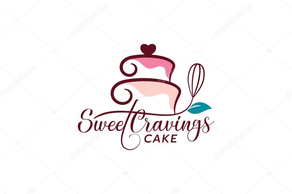 Sweet cravings cake logo with a combination of cake, whisk, leaf, and beautiful lettering for cafes, restaurants, bakery shops, etc.