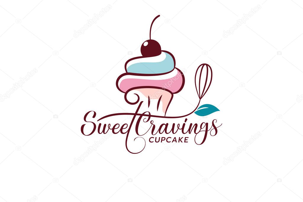 Sweet cravings cupcake logo with a combination of cupcake, whisk and beautiful lettering for cafes, restaurants, bakery shops, etc.