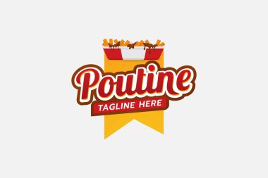 Patates kızartması ve peynir gevreğinden oluşan poutine tabakları ve kalın soslu poutine logosu. Bu logo yemek kamyonları, kafeler, restoranlar ve benzerleri için uygundur..